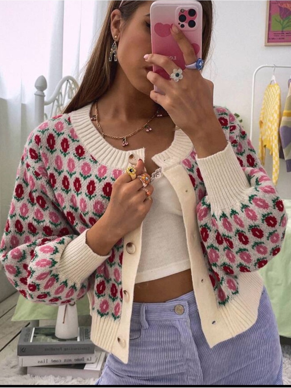 Cream Floral Knit Button-Up Cardigan Sweater - floral Pattern